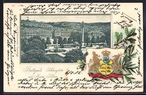 Passepartout-Lithographie Stuttgart, Schlossplatz mit neuem Schloss, Wappen, Eichen- u. Lorbeerlaub