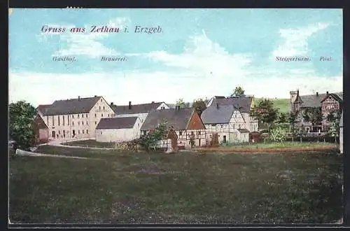 AK Zethau / Erzgeb., Panorama mit Gasthof, Brauerei, Steigerturm und Post