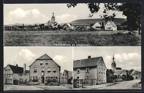AK Wiesenbronn am Steigerwald, Strassenpartie m. Gasthaus z schwarzen Adler H. Neubauer, Partie mit Kirche, Ortspanorama