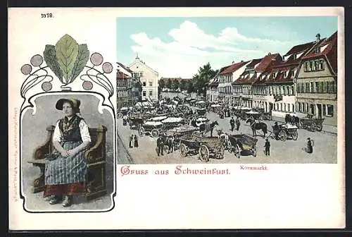 AK Schweinfurt, Kornmarkt mit Marktständen aus der Vogelschau, Trachtenmädchen, Ornament