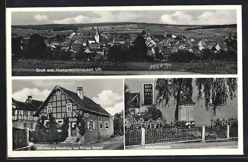 AK Humprechtshausen / Ufr., Bäckerei & Handlung von Philipp Storch, Kriegerdenkmal, Gesamtansicht
