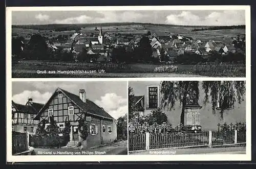 AK Humprechtshausen /Ufr., Bäckerei-Handlung P. Storch mit Strasse, Kriegerdenkmal, Gesamtansicht