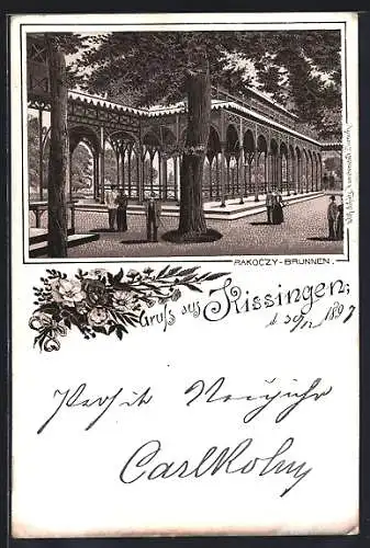Lithographie Kissingen, Rakoczy-Brunnen mit Besuchern, Blumen