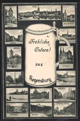 Mikroskop-AK Regensburg, Ostentor, Neues Brücktor, Eiserne Brücke, Holzländstrasse