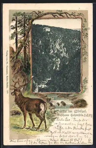 AK Albbruck, Partie im Albthal mit Gasthaus Hohenfels, Hirsch