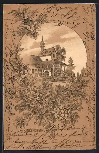 Lithographie Birkenstein, Ortspartie mit Kirche, Blumen, im Rahmen