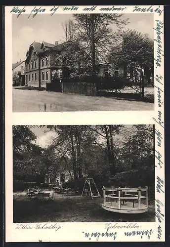 AK Eckartsberg /Zittau, Restaurant-Cafe Eichenwäldchen mit Strasse u. Garten mit Spielplatz, Karussell