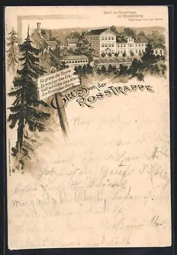 Lithographie Rosstrappe, Ortsansicht mit Hotel zur Rosstrappe u. Winzenburg, Tannen