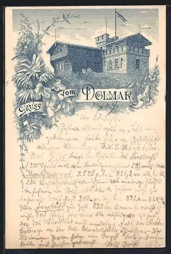 Lithographie Dolmar, Gasthof, Gebäudeansicht, Blumen