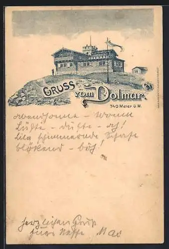 Lithographie Dolmar, Gasthof mit Wanderer u. Nebengebäude