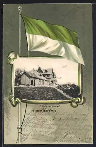 Lithographie Grosser Inselsberg, Gothaischer Gasthof, Ornament-Rahmen mit Fahne