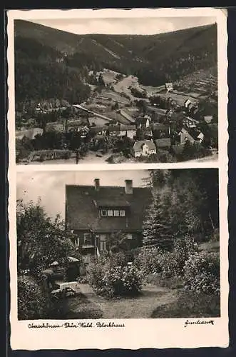 AK Oberschönau /Th., Blockhaus mit Garten, Gesamtansicht aus der Vogelschau