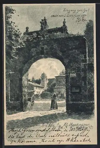 Künstler-AK Carl Jander: Klein Machnow, Eingangstor zum Gut