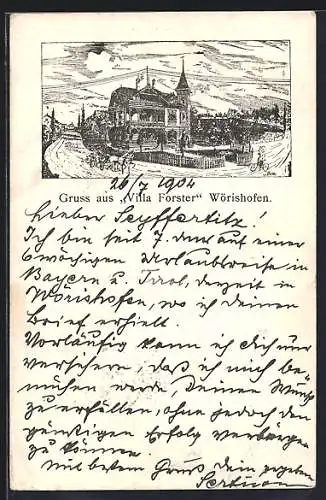 Lithographie Wörishofen, Villa Forster mit Strasse