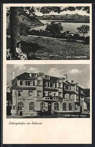 AK Ludwigshafen /Bodensee, Hotel Pension Löwen F. Glöckler, Blick v. Guggenbiehl aufs Wasser