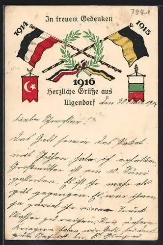 AK Uigendorf, In treuem Gedenken, Flaggen des Zweibunds u. der Türkei mit Jahreszahlen 1914, 1915 u. 1916, Lorbeerkranz