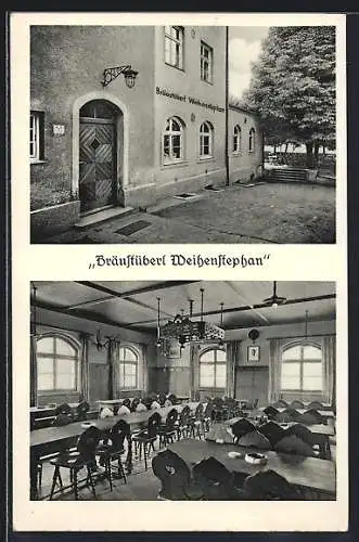 AK Freising, Gasthaus Bräustüberl Weihenstephan, Gebäude mit Gartenblick, Innenansicht mit bild
