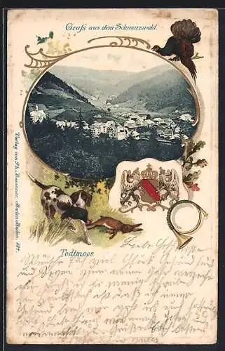 Passepartout-Lithographie Todtmoos, Panoramablick auf das Dorf, Wappen