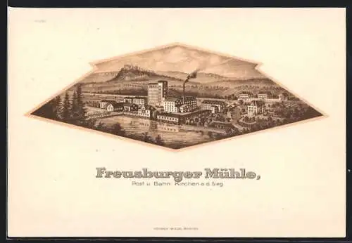 Künstler-AK Kirchen an der Sieg, Freusburger Mühle mit Wasserbecken und Bergpanorama aus der Vogelschau