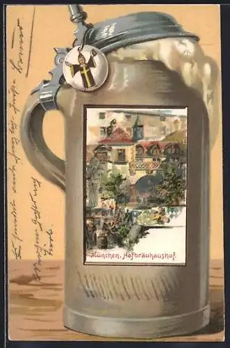 AK München, Bierkrug mit Ansicht des Münchner Hofbräuhauses