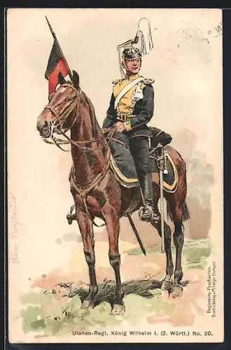 Künstler-AK Carl Becker: Ulanen-Regt. König Wilhelm I., 2. Württ., No. 20, Soldat mit Fahne zu Pferde