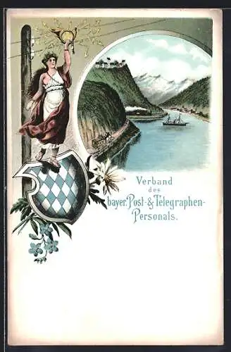 AK Verband des bayer. Post- u. Telegraphen-Personals, Postkutsche am Fjord, Allegorische Figur mit Posthorn u. Wappen