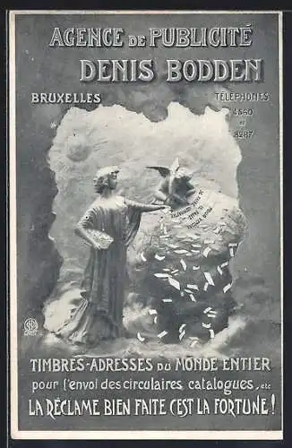 AK Bruxelles, Agence de Publicité Denis Bodden, Frauenfigur und Engel lassen Briefe regnen