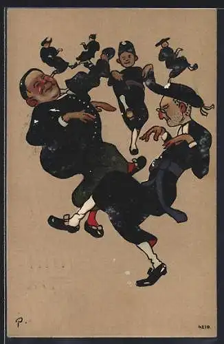 AK Tanzende Geistliche und Knaben, Karikatur, Religionspolitik
