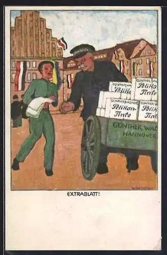 AK Hannover Extrablatt, Zeitungsjunge u. Bote Fa. Günther Wagner mit Pelikan-Tinte im Handwagen, Dt. u. österr. Fahnen