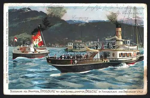 Künstler-AK Zeno Diemer: Begegnung des Dampfers Habsburg mit dem Schnelldampfer Bregenz vor Panorama d. Bregenzer Waldes