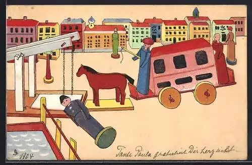 AK Pferdewagen vor dem Transport am Hafen, Häuserpanorama, umgekippte Figur, Holzspielzeug