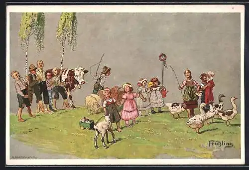 AK Cannstatt, Cannstatter Volksfest, Frühling, Burschen mit Maibaum, Kinder mit Schafen und Federvieh, Festpostkarte