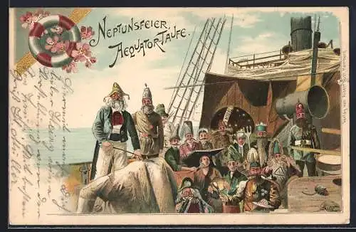 Lithographie Neptunsfeier, Aequator-Taufe, Bunte Gesellschaft auf einem Dampfer