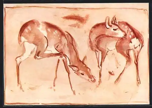 Künstler-AK sign. Franz Marc: Zwei Rehe, Farbige Tusche, 1913, Bauhaus
