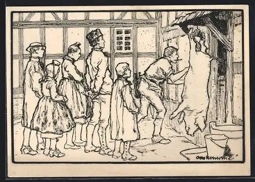 Künstler-AK Otto Ubbelohde: Hessische Trachten, Zuschauer beim Ausnehmens eines Schweines