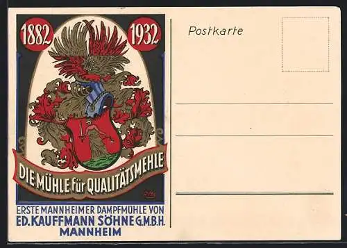 AK Mannheim, Dampfmühle / Mehlmühle Ed. Kaufmann Söhne GmbH, Jubiläum 1932, Wappen