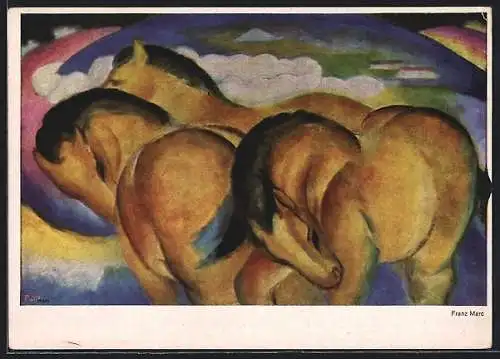 Künstler-AK sign. Franz Marc: Vier Pferde, Wolken, Gebäude, Bauhaus