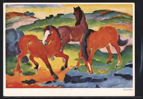 Künstler-AK sign. Franz Marc: Drei Wildpferde auf bunten Hügeln, Bauhaus