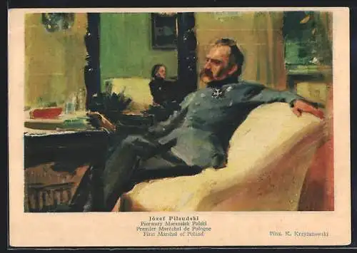 AK Marschall Jozef Pilsudski in einer Stube, Uniform-Portrait mit Frauenfigur im Spiegel