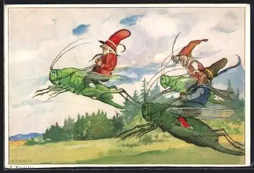 Künstler-AK August Roeseler: Drei Zwerge beim Wettrennen auf dem Rücken von Grashüpfern