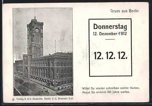 AK Berlin, Datum 12.12.12, Rathaus aus der Vogelschau