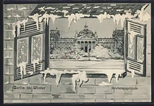 AK Berlin-Tiergarten, Blick durch Fenster auf das Reichstagsgebäude im Winter