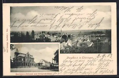 AK Vieselbach, Sparkassen-Gebäude und Kriegerdenkmal & Panorama der Ortschaft