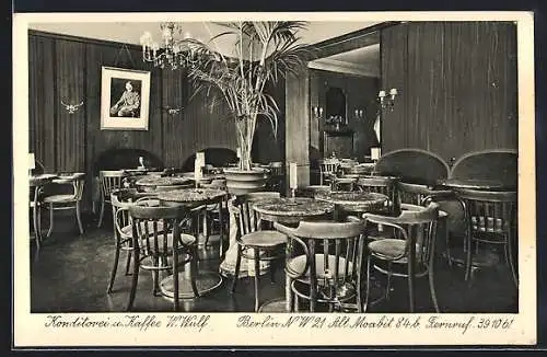 AK Berlin, Konditorei u. Kaffee W. Wulff, Alt-Moabit 84b, Innenansicht Speisesaal