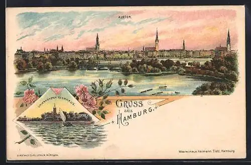Lithographie Hamburg-Neustadt, Uhlenhorster Fährhaus, Alster
