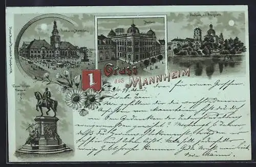 Mondschein-Lithographie Mannheim, Stadtpark mit Sternwarte, Rathaus mit Marktplatz, Kaiser Wilhelm Denkmal
