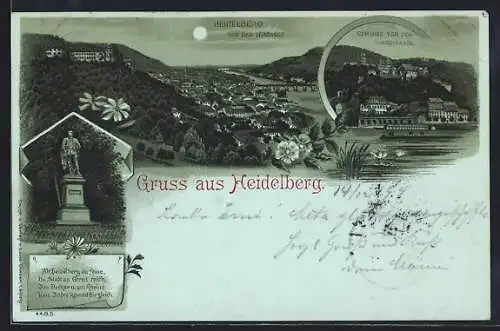 Mondschein-Lithographie Heidelberg, Schloss von der Hirsch-Gasse, Scheffel-Denkmal, Ortsansicht von der Terrasse aus