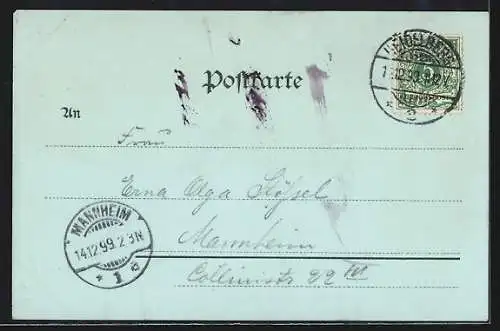 Mondschein-Lithographie Heidelberg, Schloss von der Hirsch-Gasse, Scheffel-Denkmal, Ortsansicht von der Terrasse aus