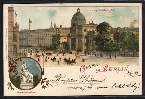 Lithographie Berlin, Kronprinzliches Palais und Humboldt-Denkmal