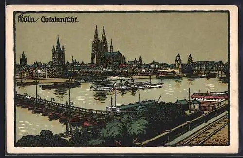 Steindruck-AK Köln, Totalansicht mit Dom, Rhein und Dampfer